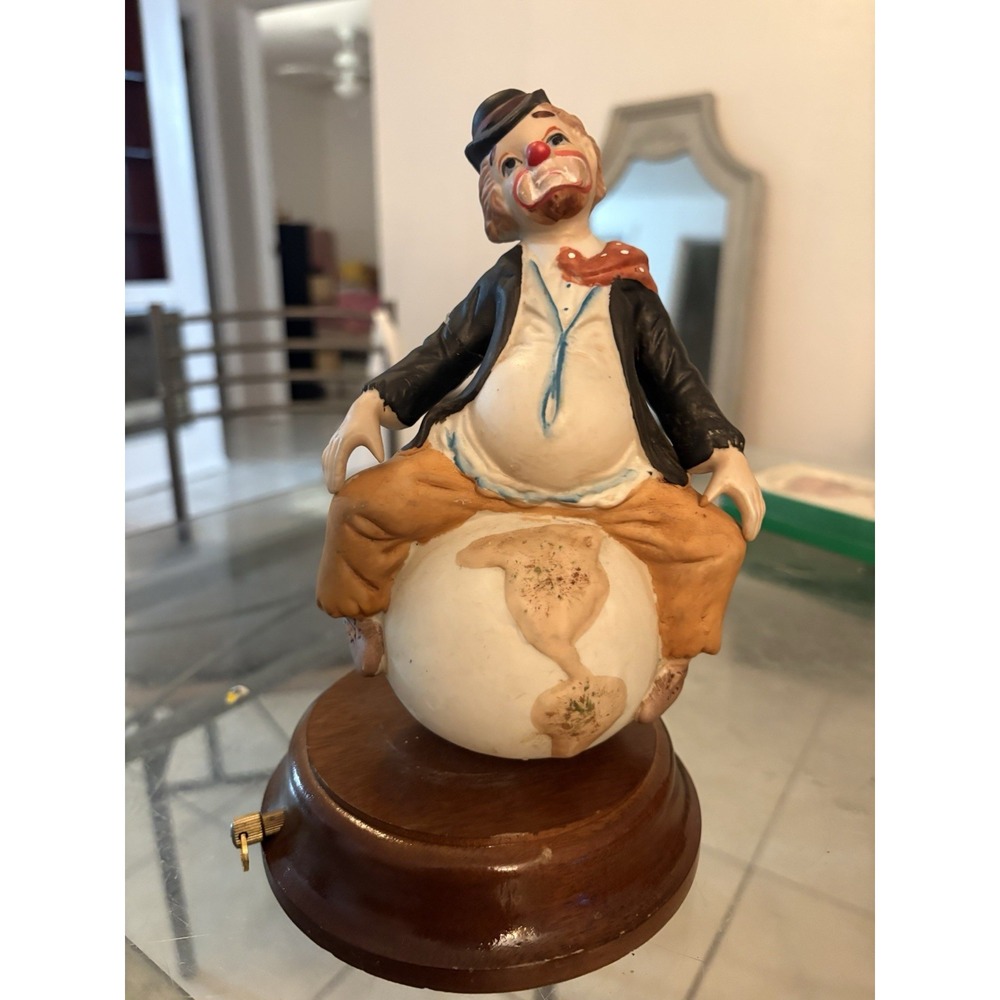 Vintage 1980 Price Products Porcelain Clown Sitting on World Globe Music Box